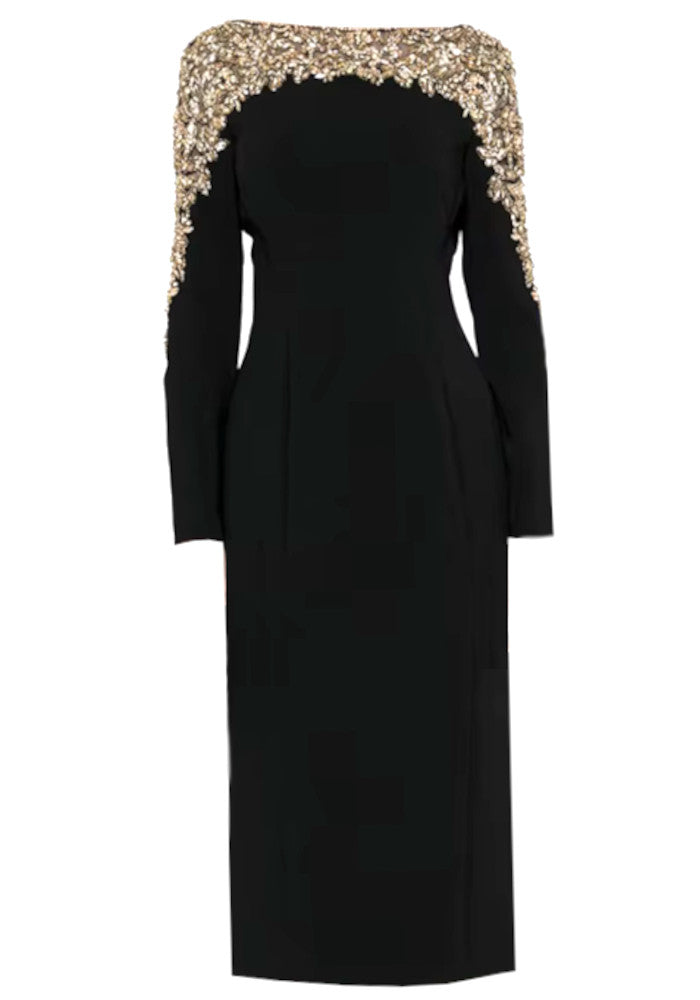 Long Sleeve Crystal Shoulder Midi Dress Black