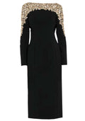 Long Sleeve Crystal Shoulder Midi Dress Black