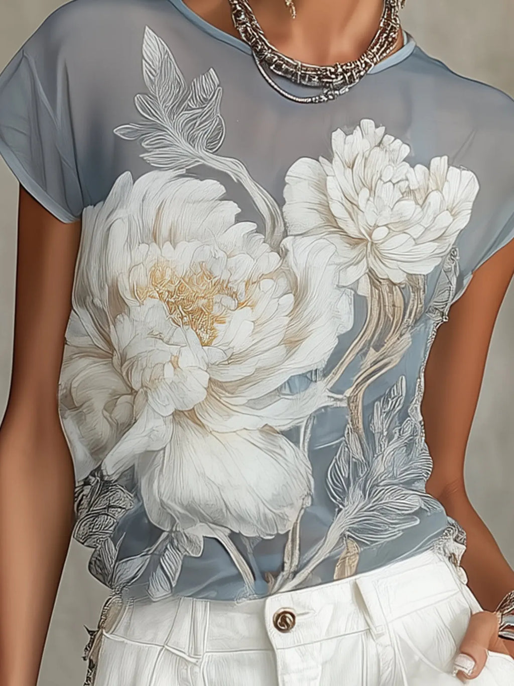 24-Hour-Shipping Sheer Blue Floral Print Chiffon Blouse