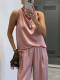 Elegant Halter Neck Swing Collar Top And Wide Leg Pants Suit-Top