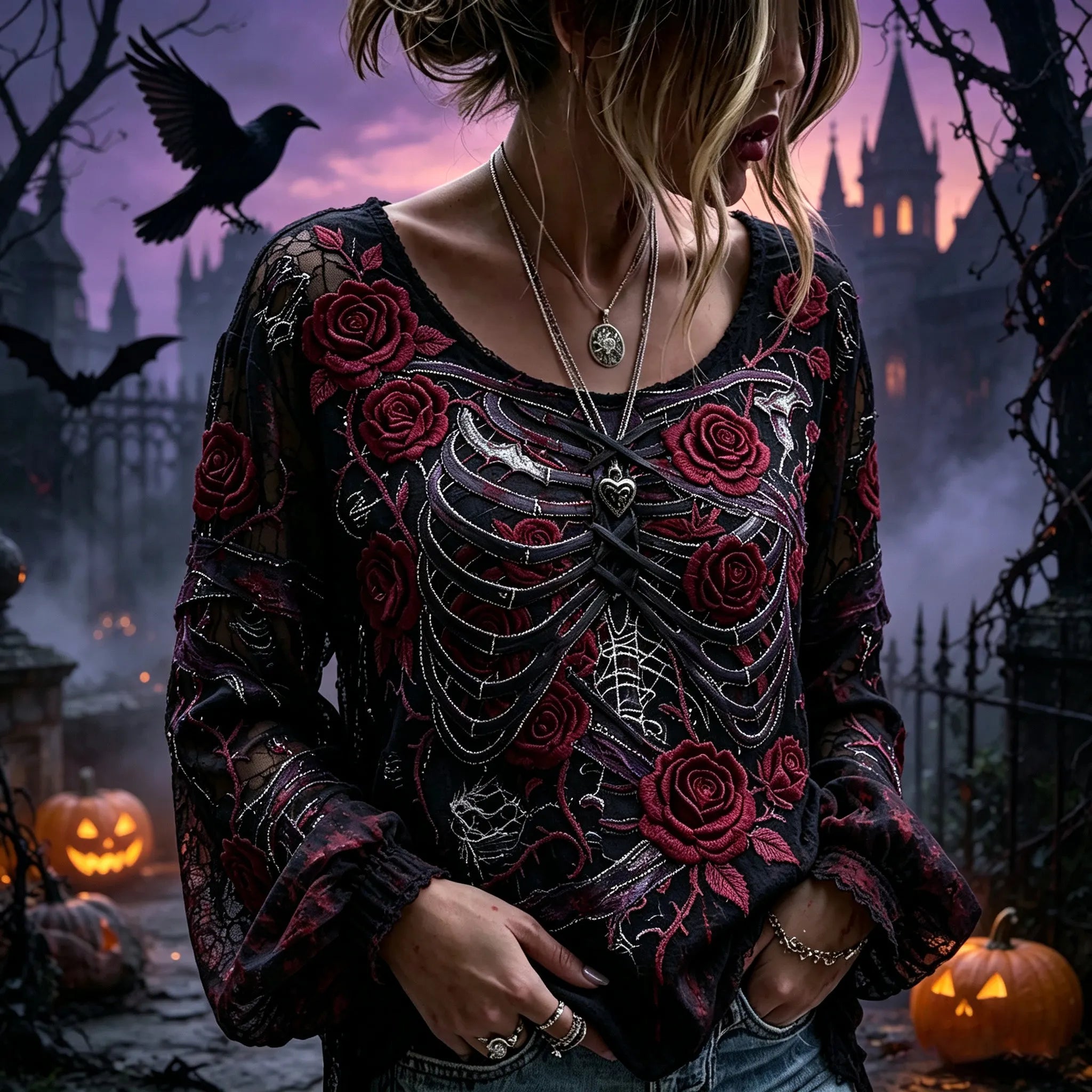 Women's Retro Halloween Floral And Bone Embroidered Long-sleeved Top