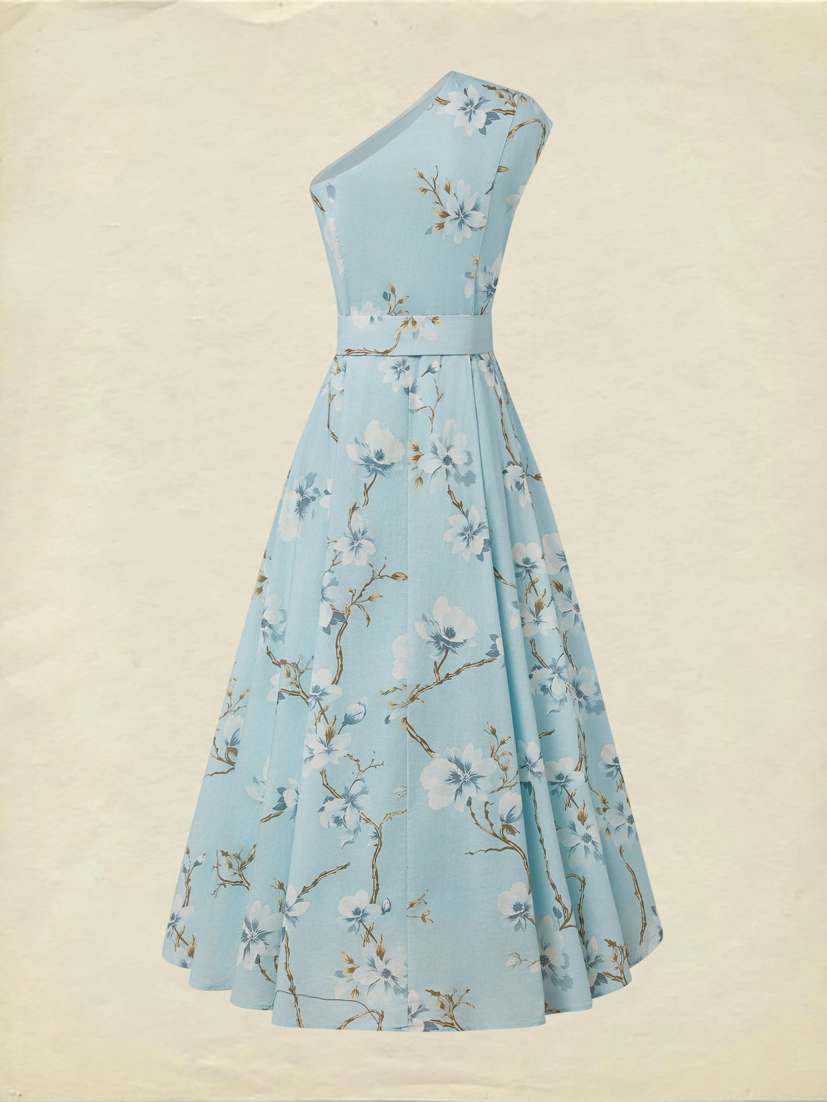 Maxi Linen Dress, Sleeveless, One Shoulder, Floral, Belt Design, Vacation, Vintage, Blue