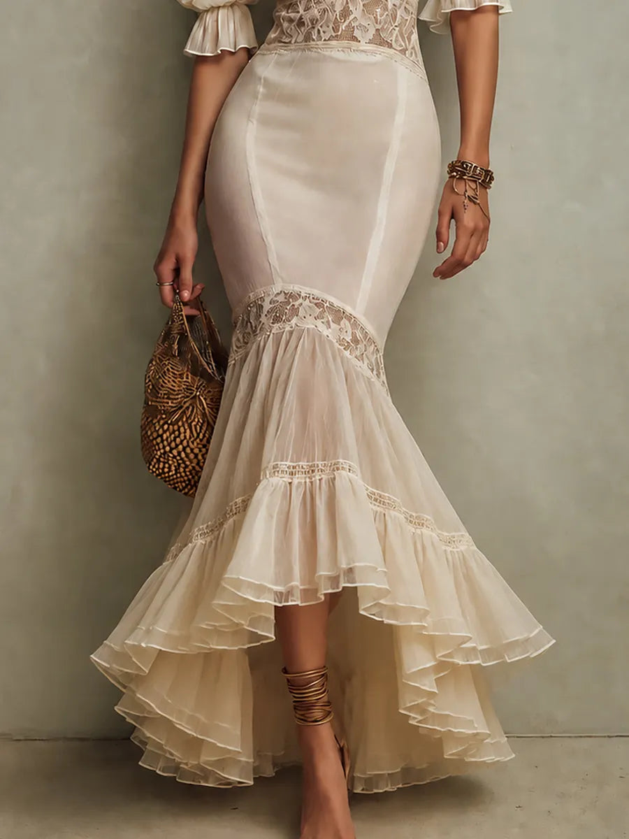 Elegant Trumpet-sleeve Lace-trimmed Mermaid Maxi Dress