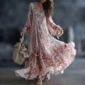 Women's Retro Floral Art Print Flowy Linen Blend Casual Long Sleeve Maxi Dress