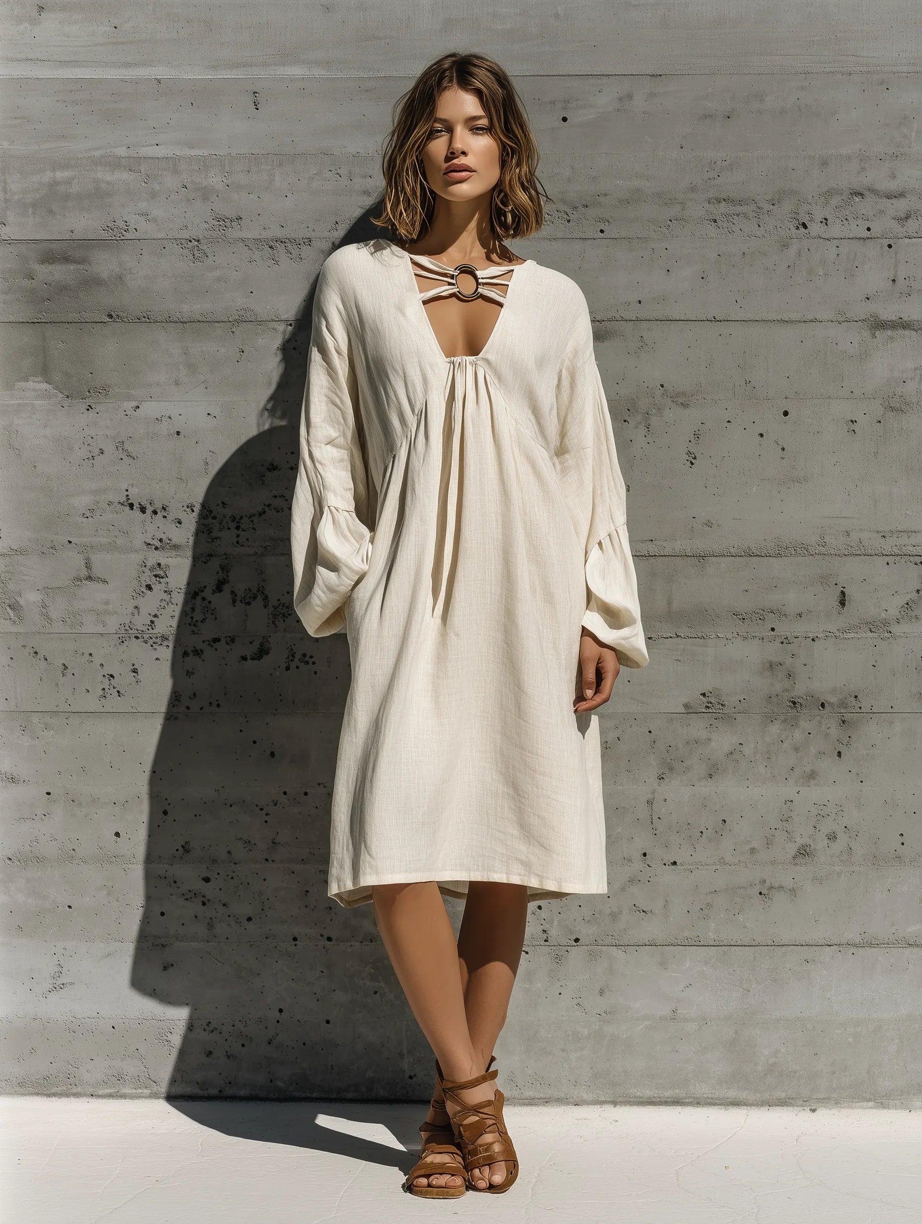 Women’s Resort Wear Beige Linen Oversized Long Bubble Sleeve Front Ring Cutout Flowy Midi Shift Dress MDZ3060F0T