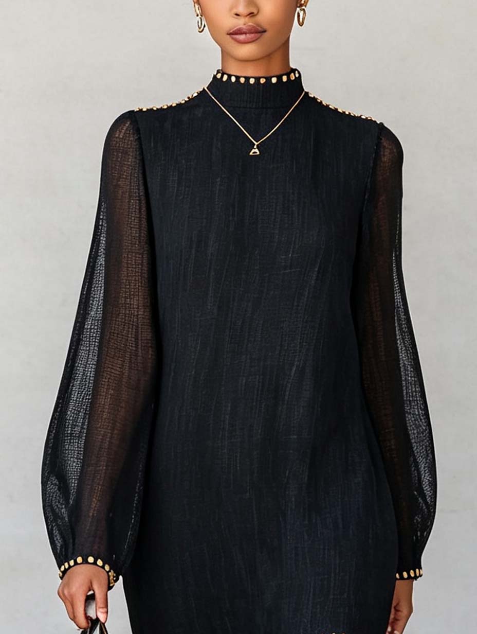 Black Mock Neck Sheer Sleeve Mini Dress With Contrast Trim