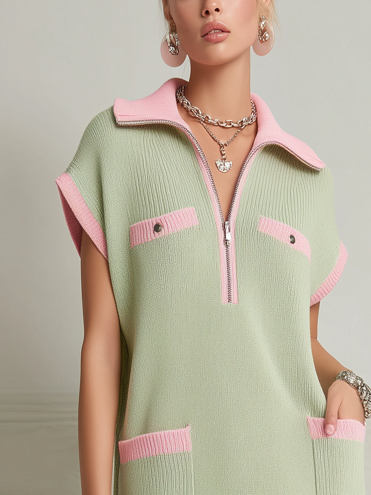 Green Colorblock Zip-Front Knit Mini Dress