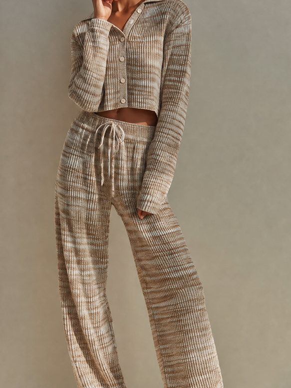 Women's Casual Brown Space-Dyed Ribbed Knit Collared Button-Front Cropped Cardigan And Drawstring Wide-Leg Pants Two-Piece SetMDZ2169G1ZSQ