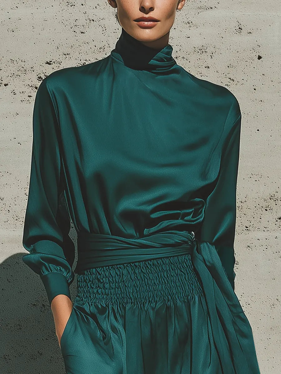Women's Forest Green Glossy Satin Turtleneck Balloon Sleeve Self Fabric Sash Elastic Smocked Waist Casual Midi Dress MDZ2046G1YZJ