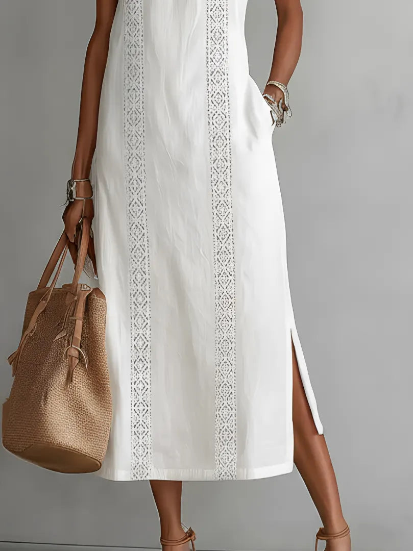 Relaxed Embroidered Mandarin Collar Midi Dress