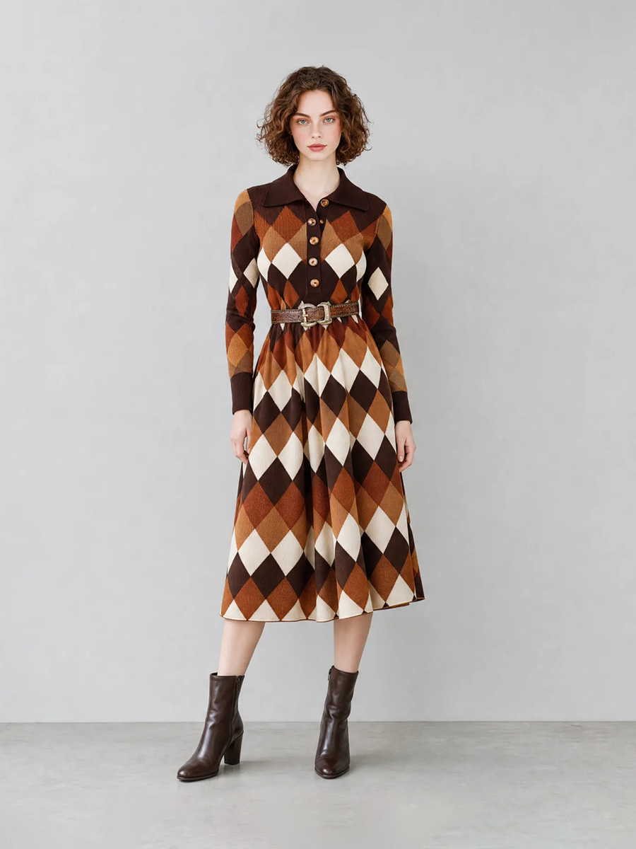 Women's Elegant Vintage Brown Argyle-Jacquard Polo-Collar Long-Sleeve Belted Knit Midi Dress MDZ2788G6CMX
