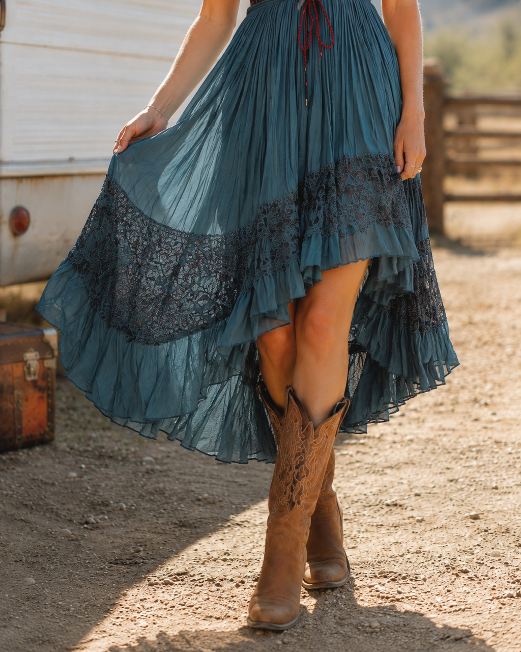 Western Boho Peacock Blue Floral Midi Dress with Lace Tiered Ruffles