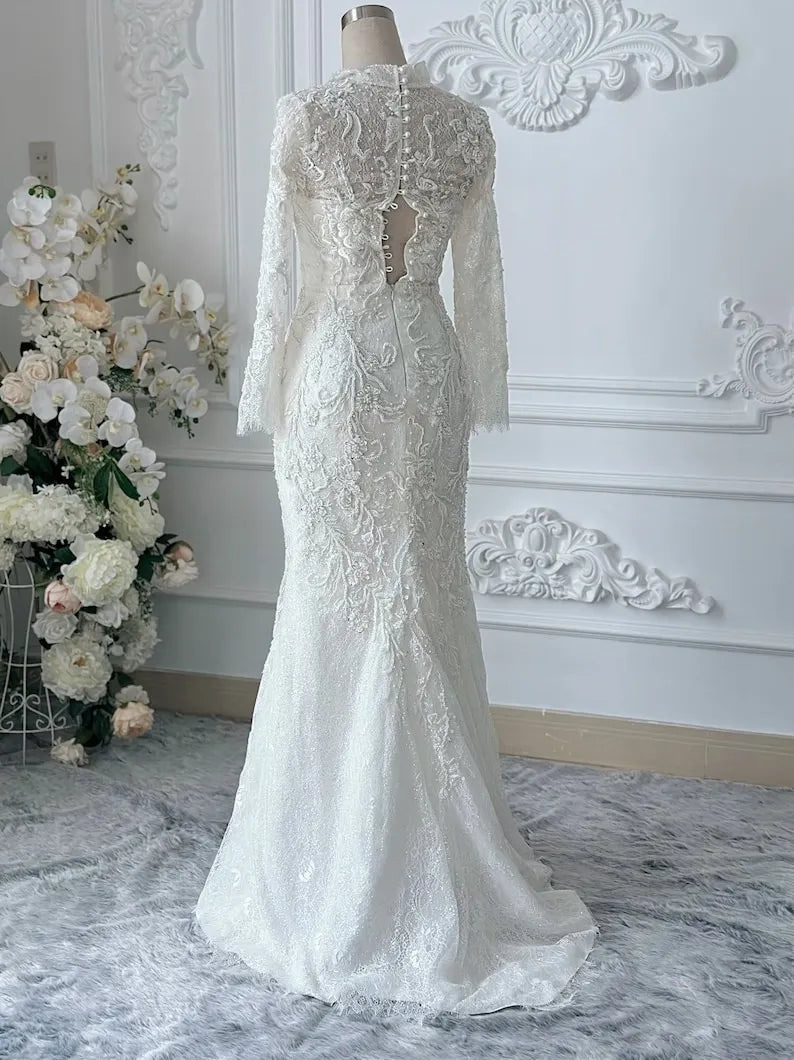 Mermaid wedding dress, V-neck high-neck long-sleeved wedding dress, two-in-one sparkling wedding dress