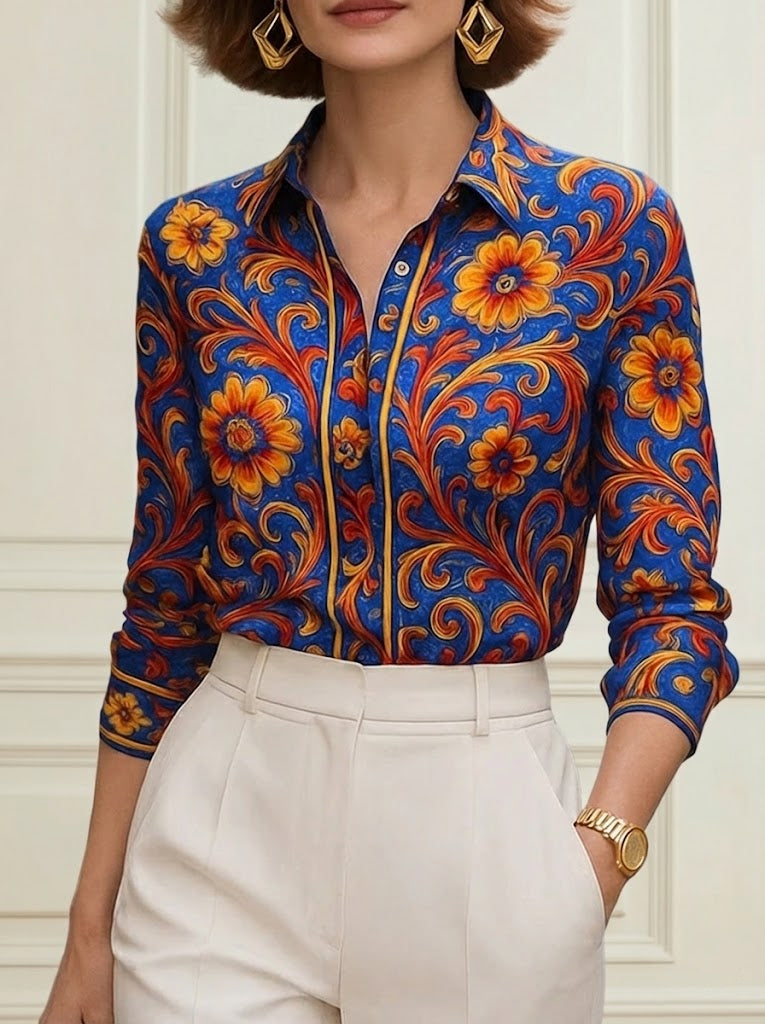 Long Sleeves Buttoned Flower Print Lapel Blouses&Shirts Tops