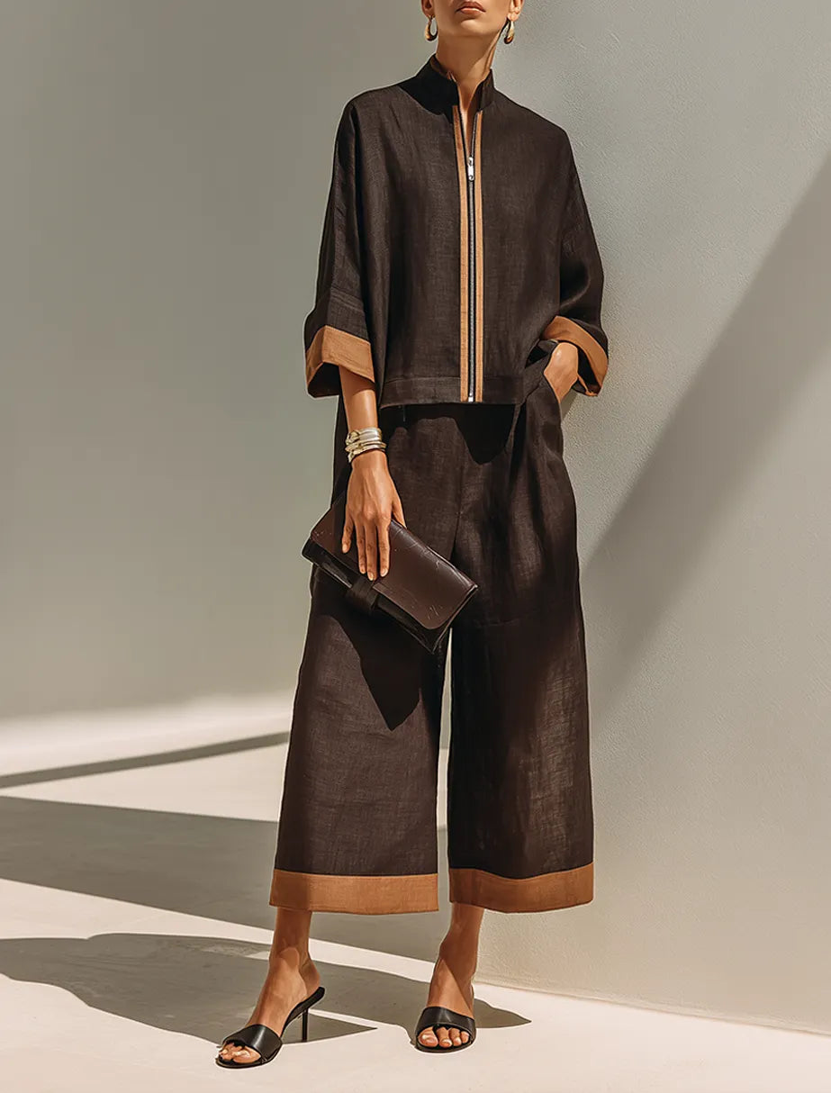 Women's Dark‑Brown Linen Fabric Stand‑Collared Zip‑Up Crop Top & Wide‑Leg Pants Set MDZ1459G3ZRK