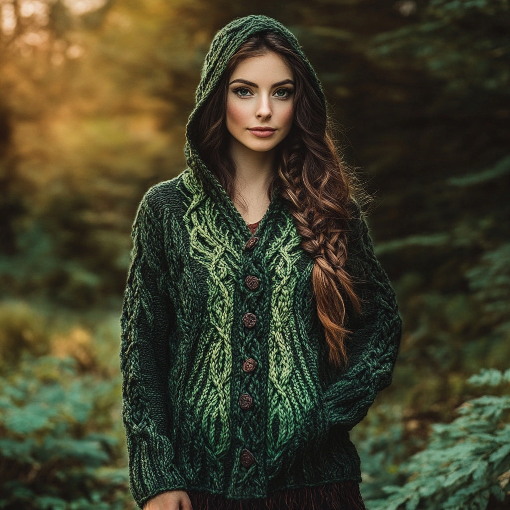 Women's Celtic Knotted Contrast Gradient Button Hooded Pocket Sweater