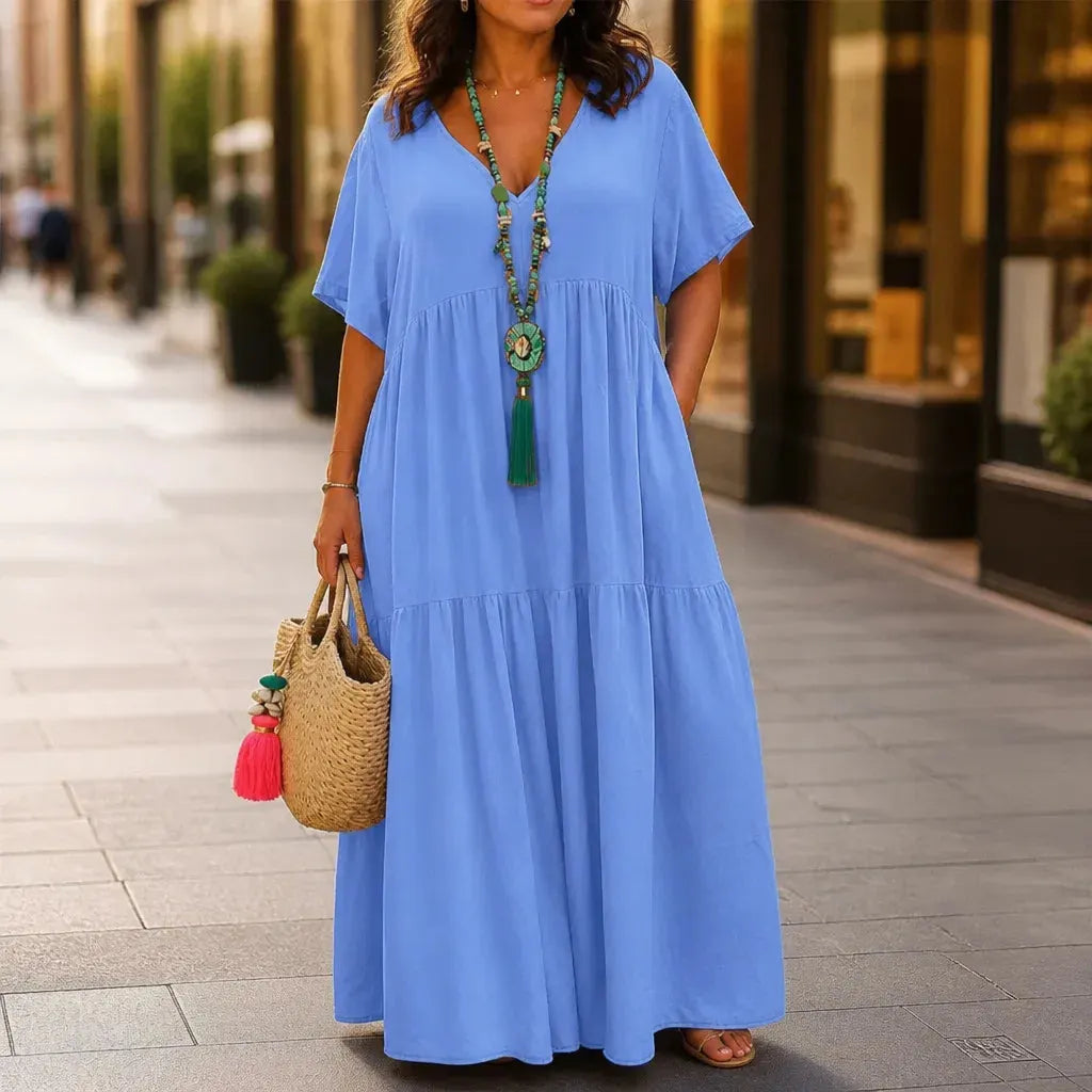 Vellira – Plus Size V-Neck Tiered Midi Dress