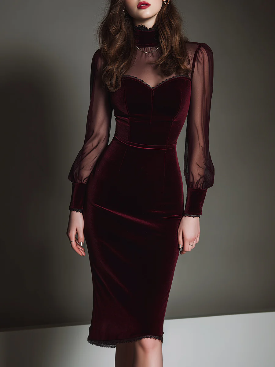 Burgundy Velvet Patchwork Sweetheart Neck Mesh Pencil Midi Dress