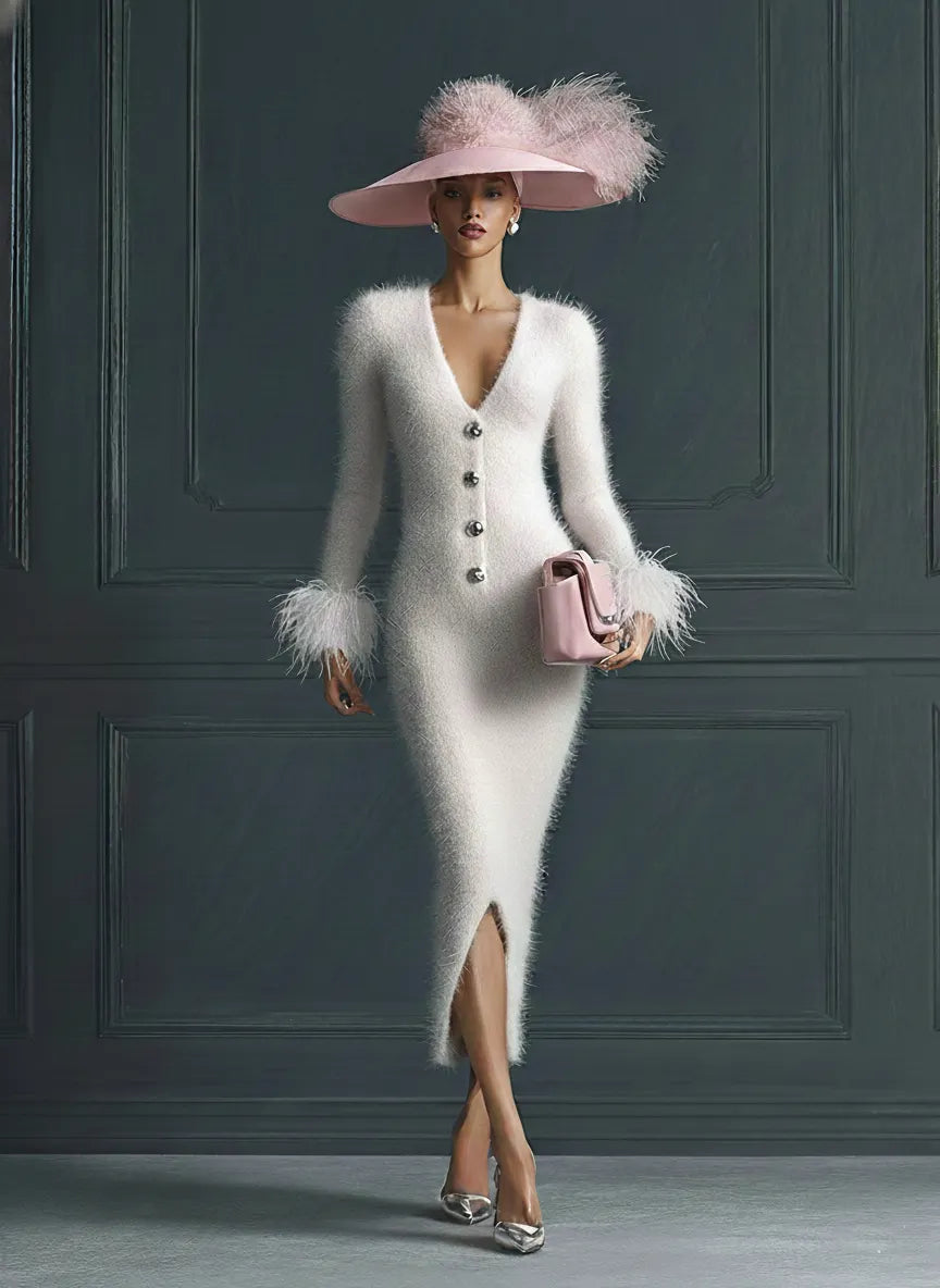 White Mohair V-neck Button Imitation Ostrich Feather Midi Dress