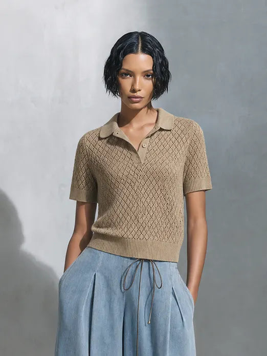 Women's Casual Chic Khaki Open-Knit Polo Short Sleeve Sweater Top MDZ1620G0ZSQ
