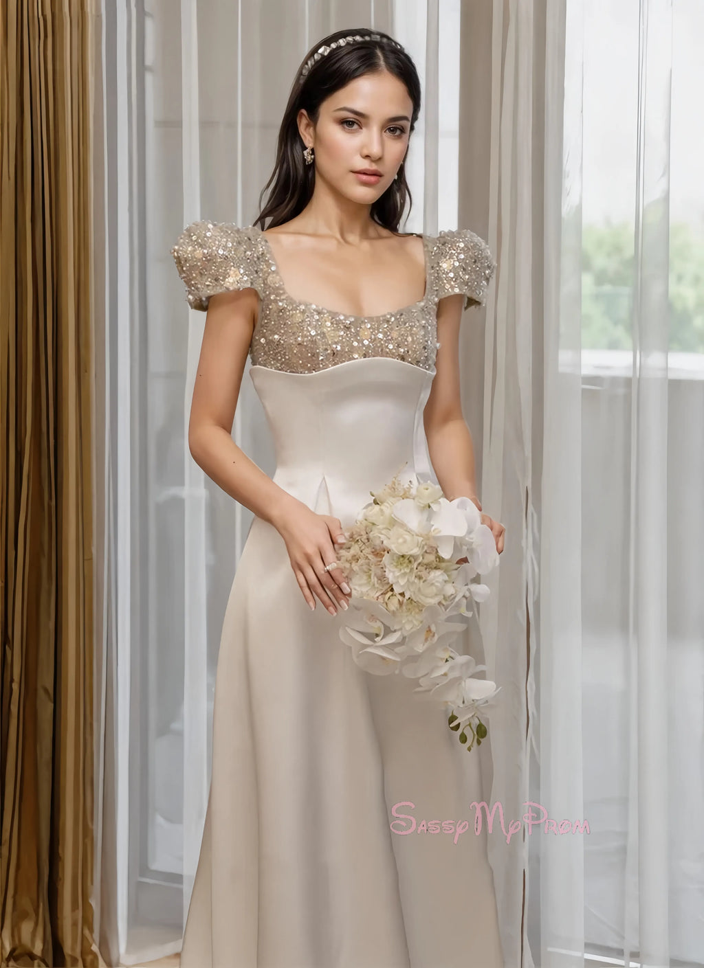 Beading Sequin Satin Cap Sleeve A Line Prom Dress