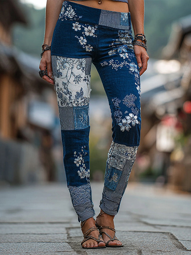 Women's Japanese-style Floral Art Pattern Casual Leggings