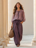Women's Lavender Stripe Sheer Woven Co-Ord With Tie Neck Puff Sleeve Blouse & Solid Drawstring Wide Leg Trousers, Minimalist Effortless-Chic Summer Two-Piece Set MDZ0236G3LYL