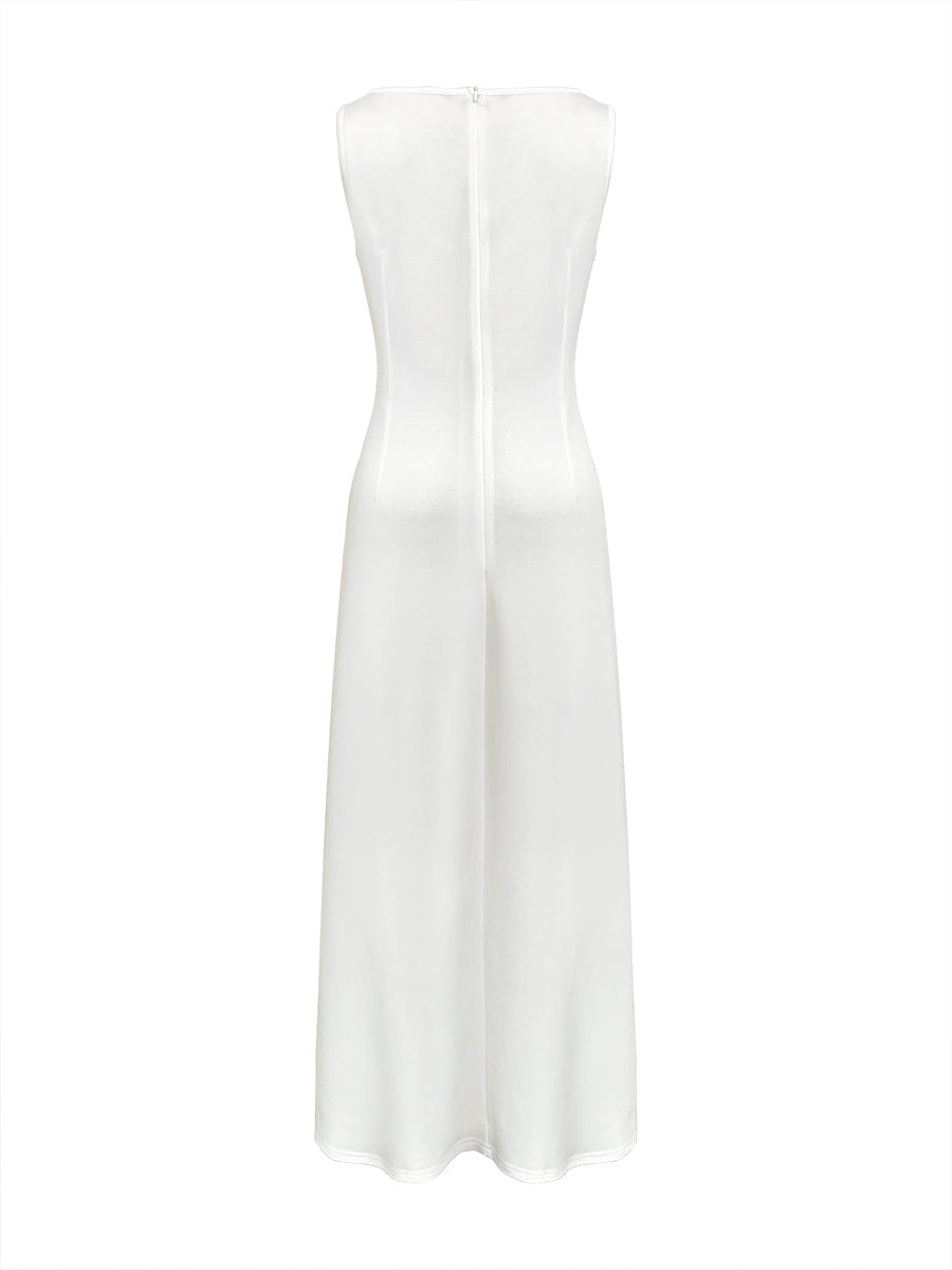 Sleeveless Gauze Pleated Solid Color Split-Joint Round-Neck Evening Dresses Maxi Dresses