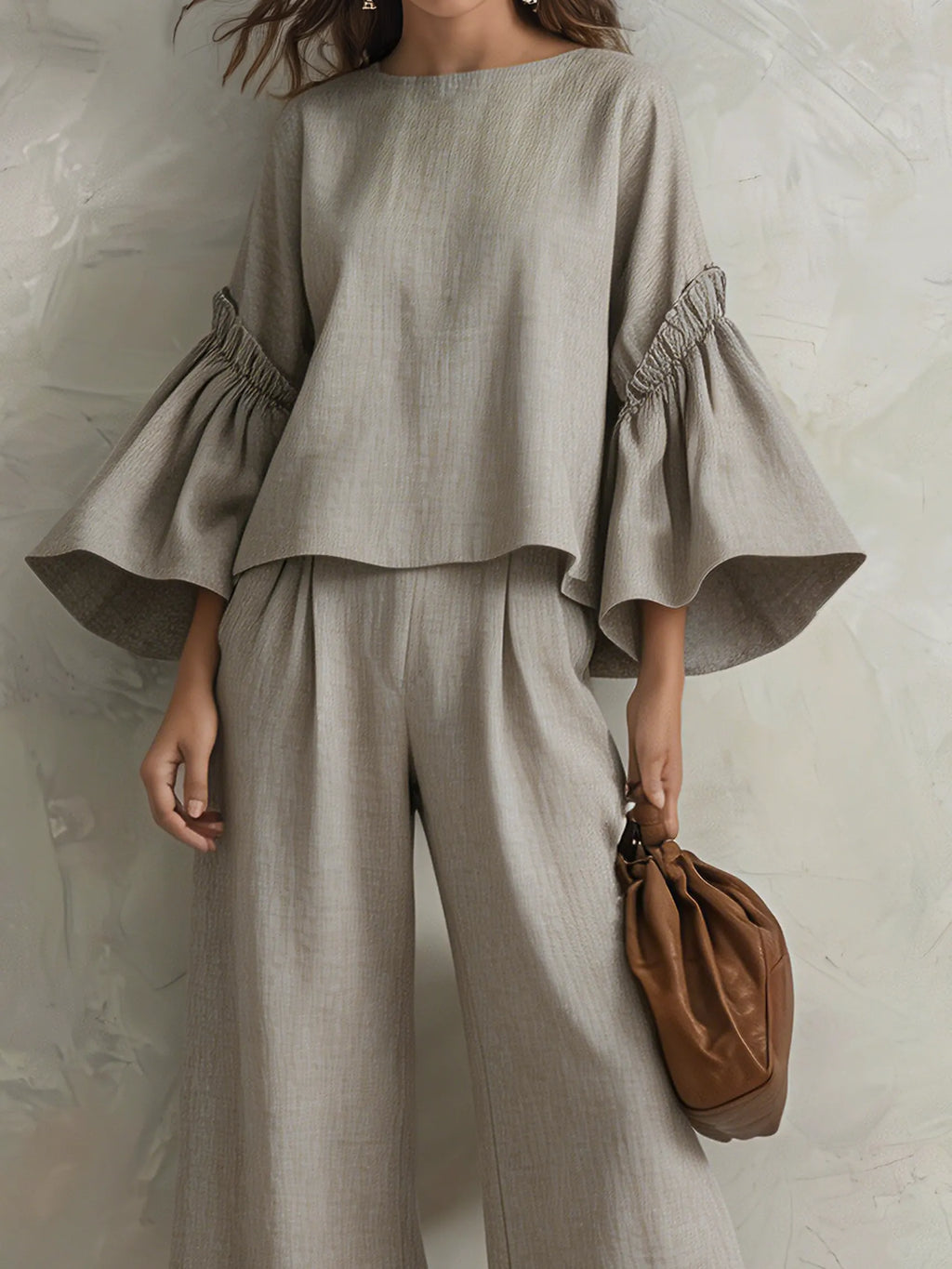 Women's Casual Grey Cotton-linen Long-sleeve Crew-neck Top Paired With Trousers MDZ1602G6LXY