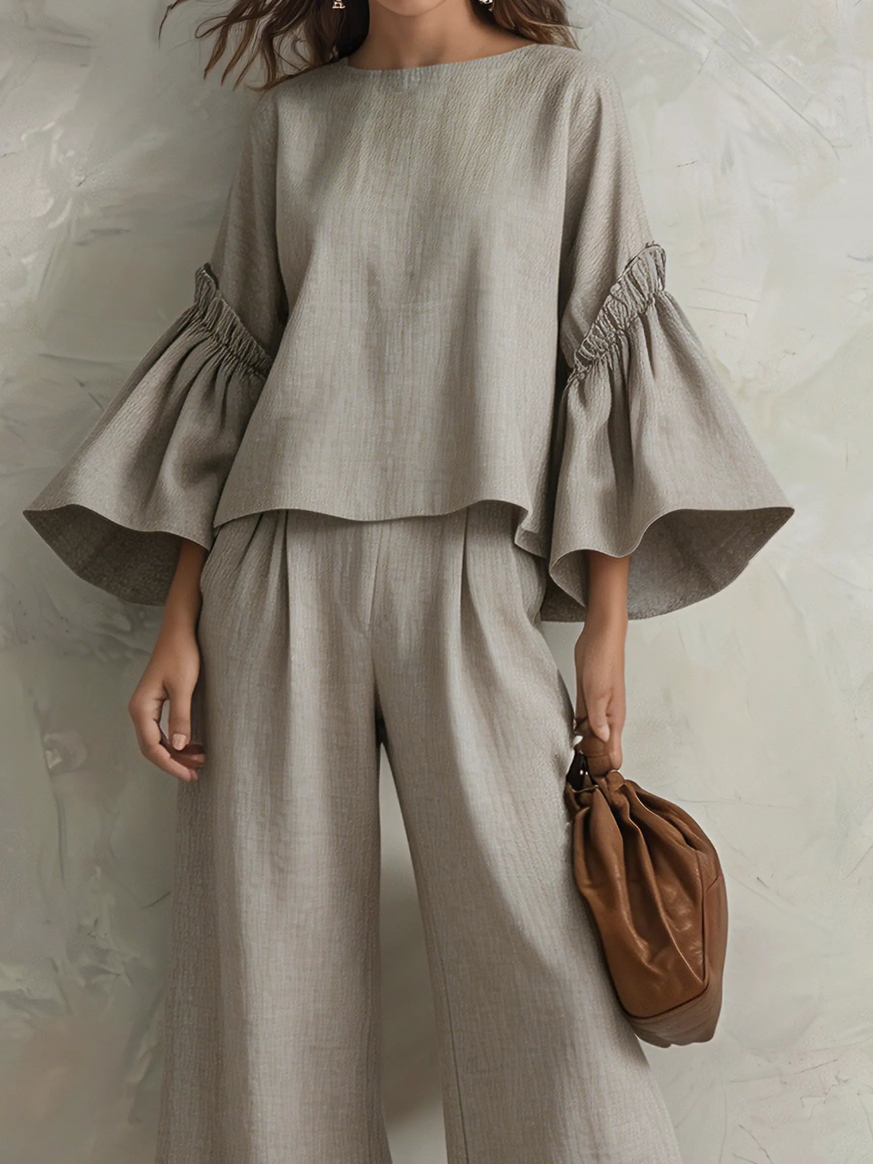 Women's Casual Grey Cotton-linen Long-sleeve Crew-neck Top Paired With Trousers MDZ1602G6LXY