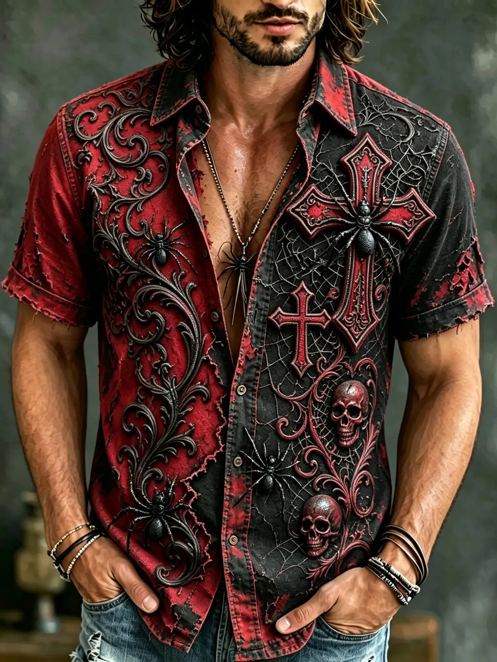 Men's Retro Halloween Spider Cross Print Cotton Linen Shirt