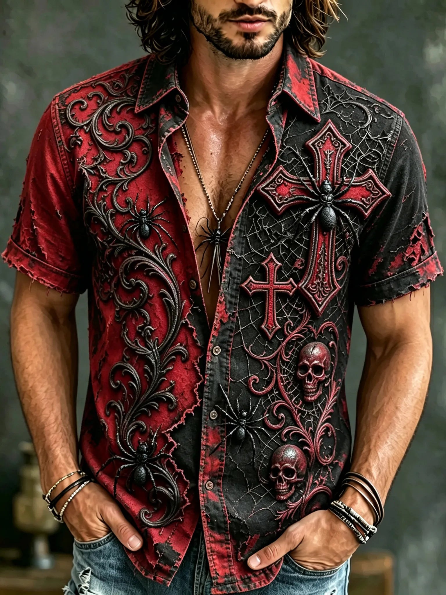 Men's Retro Halloween Spider Cross Print Cotton Linen Shirt