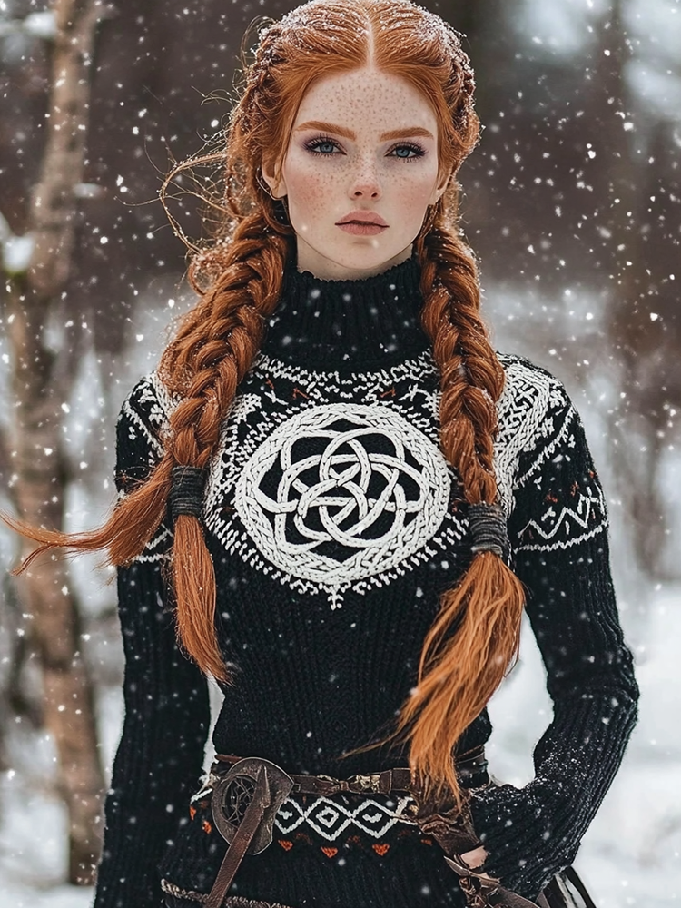 Women's Viking Style Celtic Knot Knitted High Neck Sweater