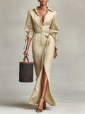 Women's Light Khaki Breathable Linen Maxi Dress With Lantern Tie Sleeves & Wrap Waist Silhouette, Versatile Beach Vacation Fitted Maxi Dress MDZ0931G1LYL