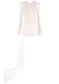Long Sleeve Draped Sequin Lace Dress White
