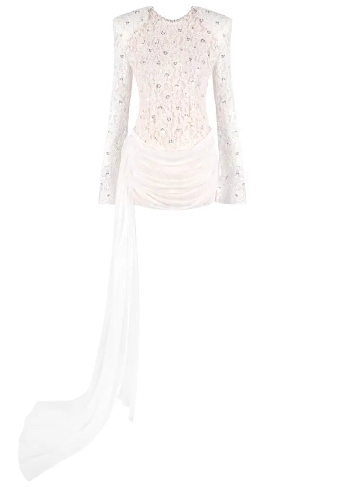Long Sleeve Draped Sequin Lace Dress White