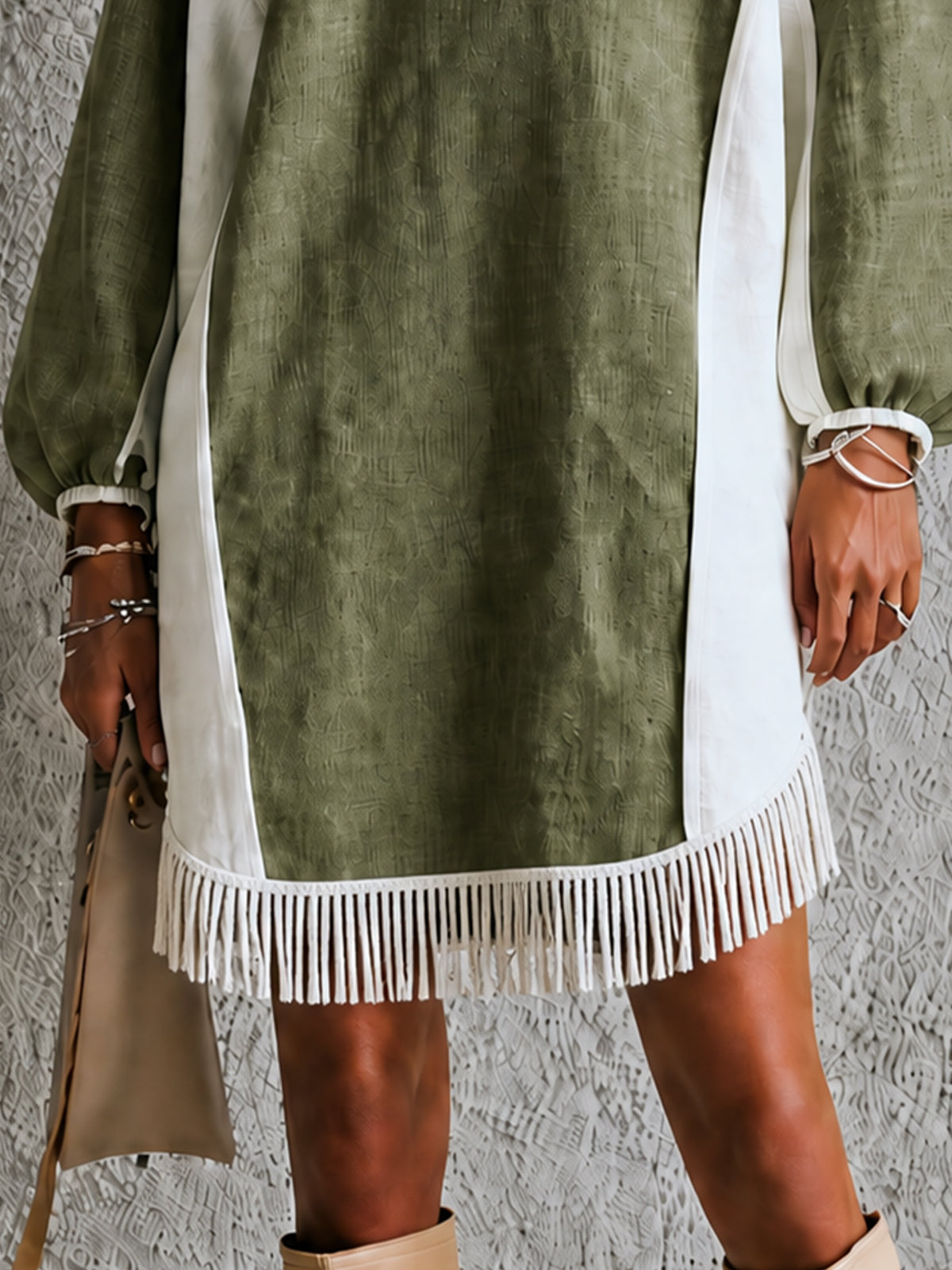 Olive Ivory Fringe Hem Oversized Mini Dress