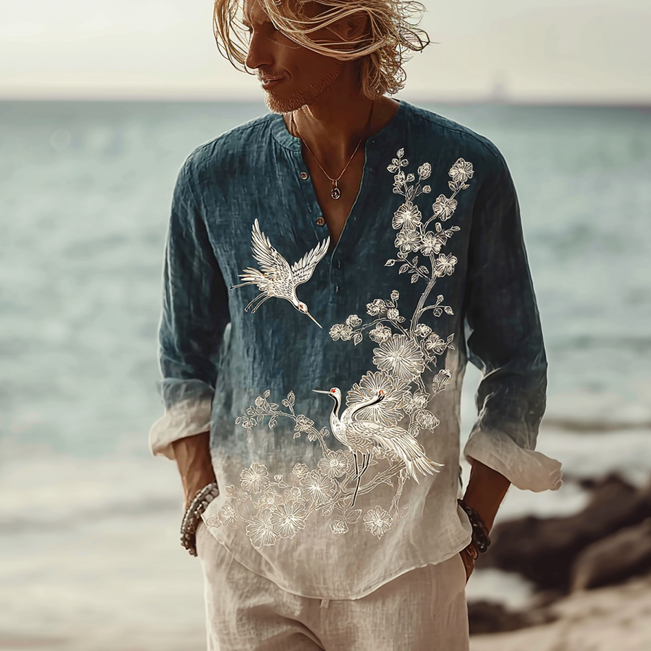 Bohemian Style Men's Casual Cotton And Linen Long-sleeve Shirt