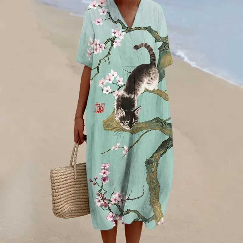 Sakura & Cat Japanese Pattern Women's V-neck Short Sleeve Linen Maxi Dress