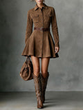 Playful Suede Single-breasted Lapel Long-sleeved Mini Dress