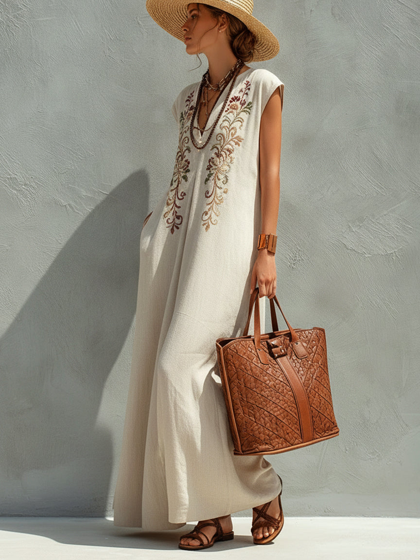 Beige Linen Blend Sleeveless Embroidered Maxi Dress