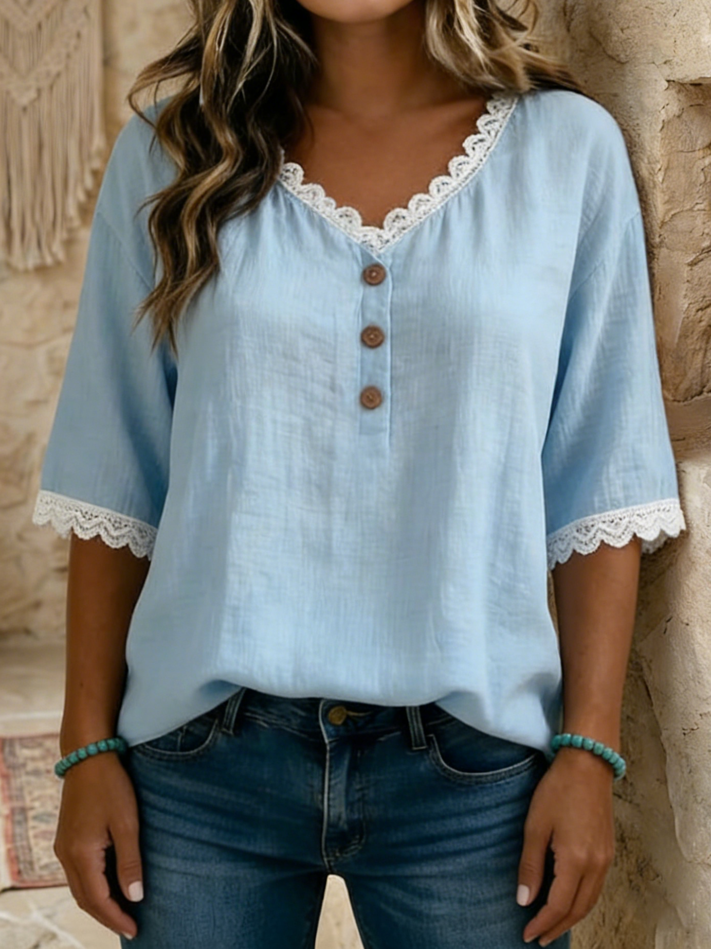 Casual & Cozy Lace-paneled Cotton-linen Shirt