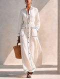 Women's Minimalist Pure White Linen Shirt Dress With Contrast Piping MDZ0776G9ZRK