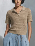 Women's Casual Chic Khaki Open-Knit Polo Short Sleeve Sweater Top MDZ1620G0ZSQ