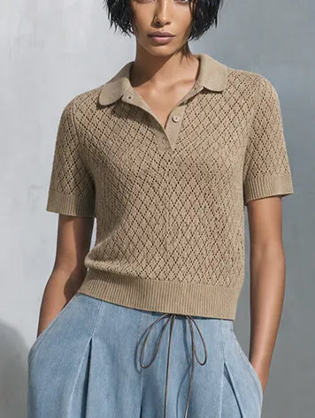 Women's Casual Chic Khaki Open-Knit Polo Short Sleeve Sweater Top MDZ1620G0ZSQ