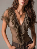 Muted Brown Lace Ruffled V-Neck Top