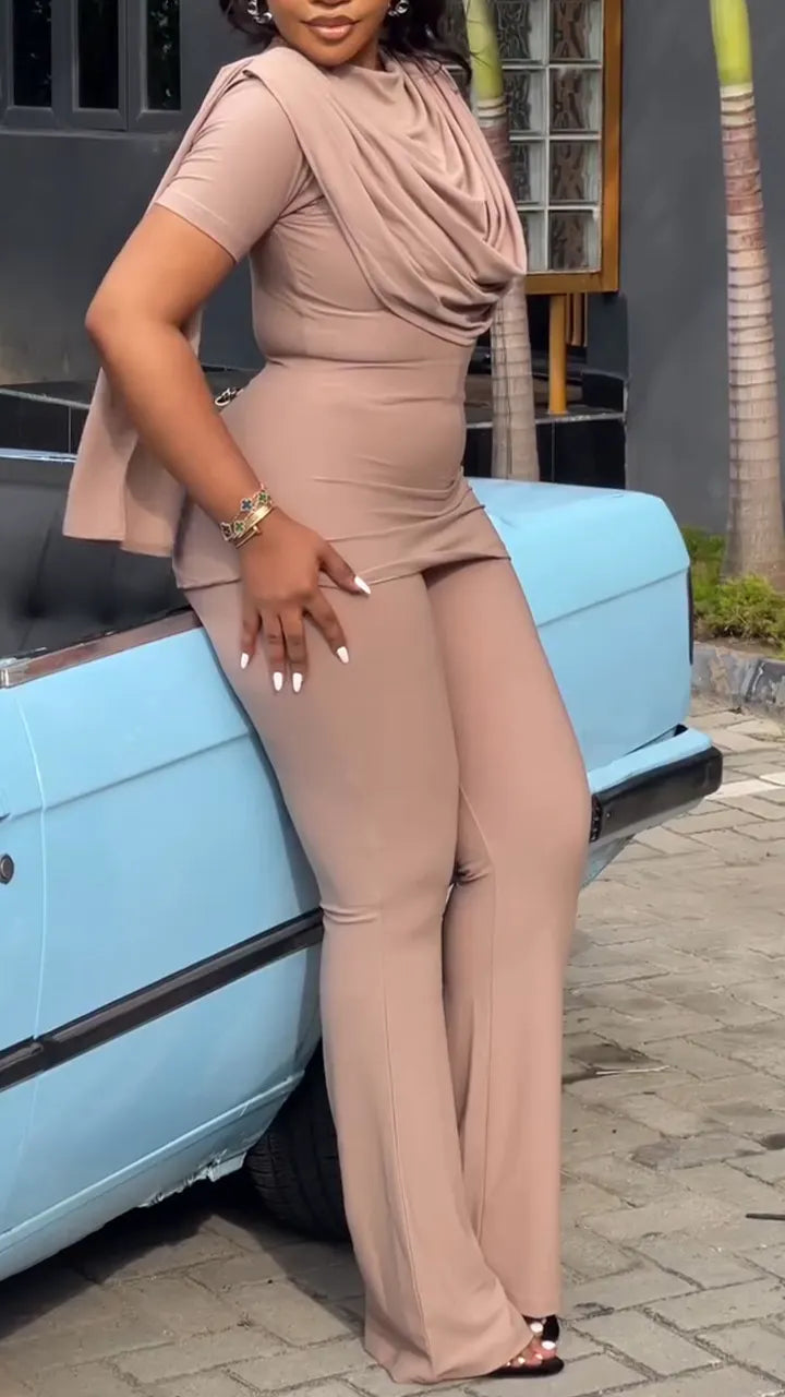 Women Round Neck Solid Color Slim Casual Suit