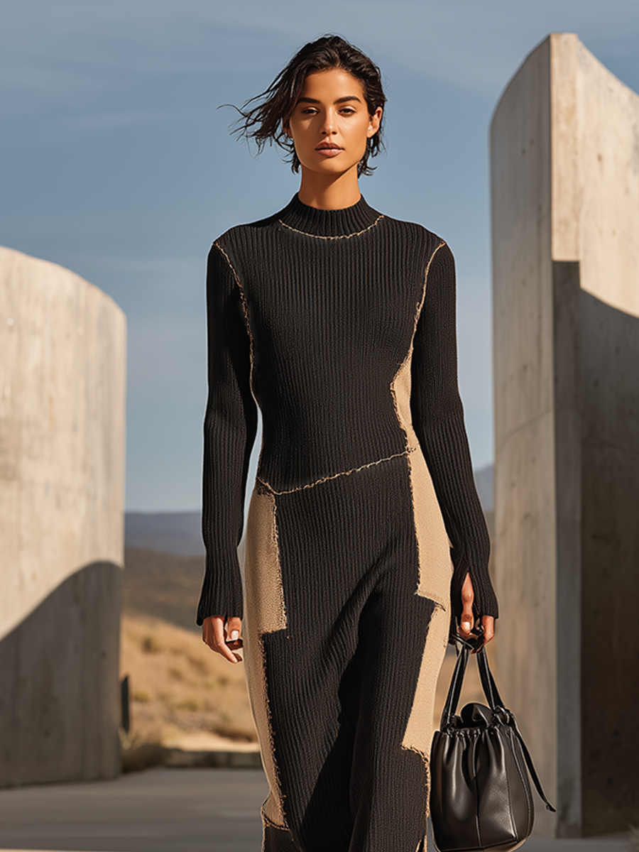 Women's Black Khaki Ribbed Knit Maxi Dress With Raw Edge Patchwork & Mock Neck, Streetwear Irregular Split Bodycon Sweater Maxi Dress MDZ2744G4LYL