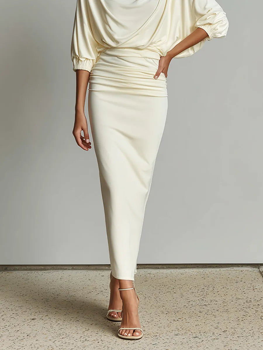 Women's Solid Off White Cotton-Blend Co-Ord With Elastic Cuff Three Quarter Sleeve Top & Bodycon Ruched Waist Midi Skirt, Chic Formal Evening Two-Piece Set MDZ1644G4LYL