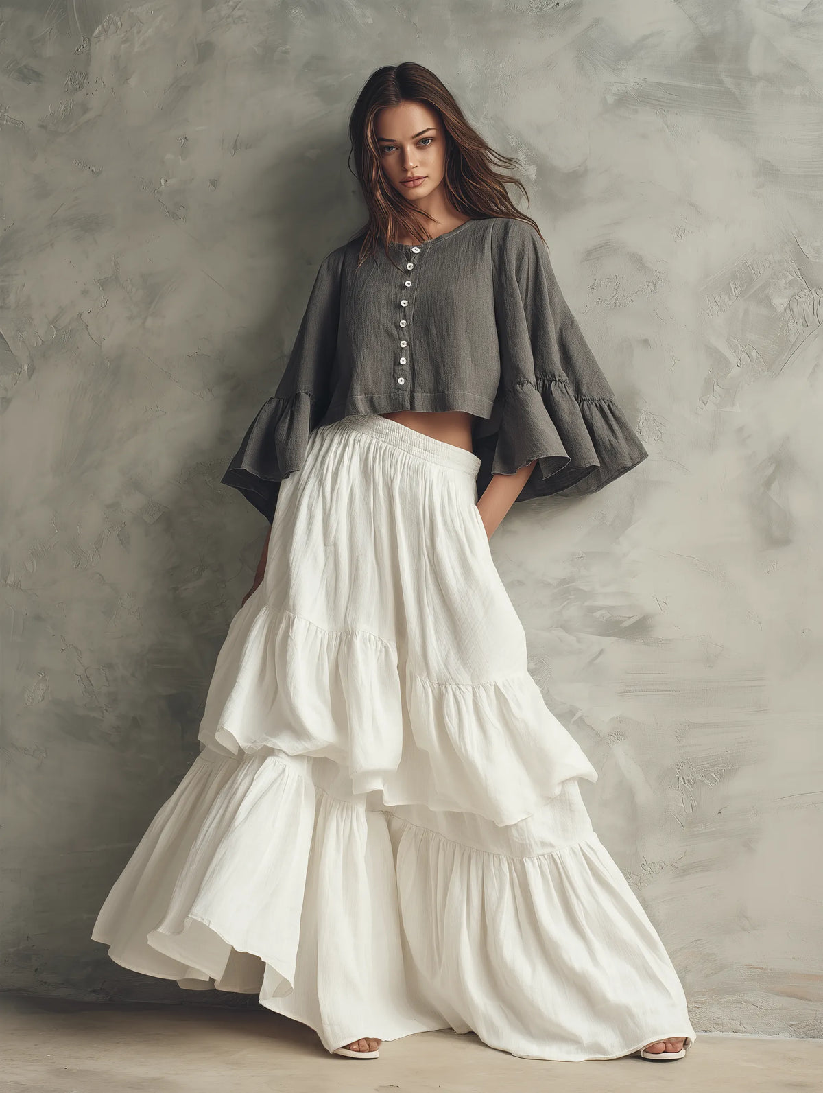 Women's Casual Grey Cotton-linen Long-sleeve Top Paired With A White Woven Multi-layered Ruffled Skirt MDZ1650G0LXY
